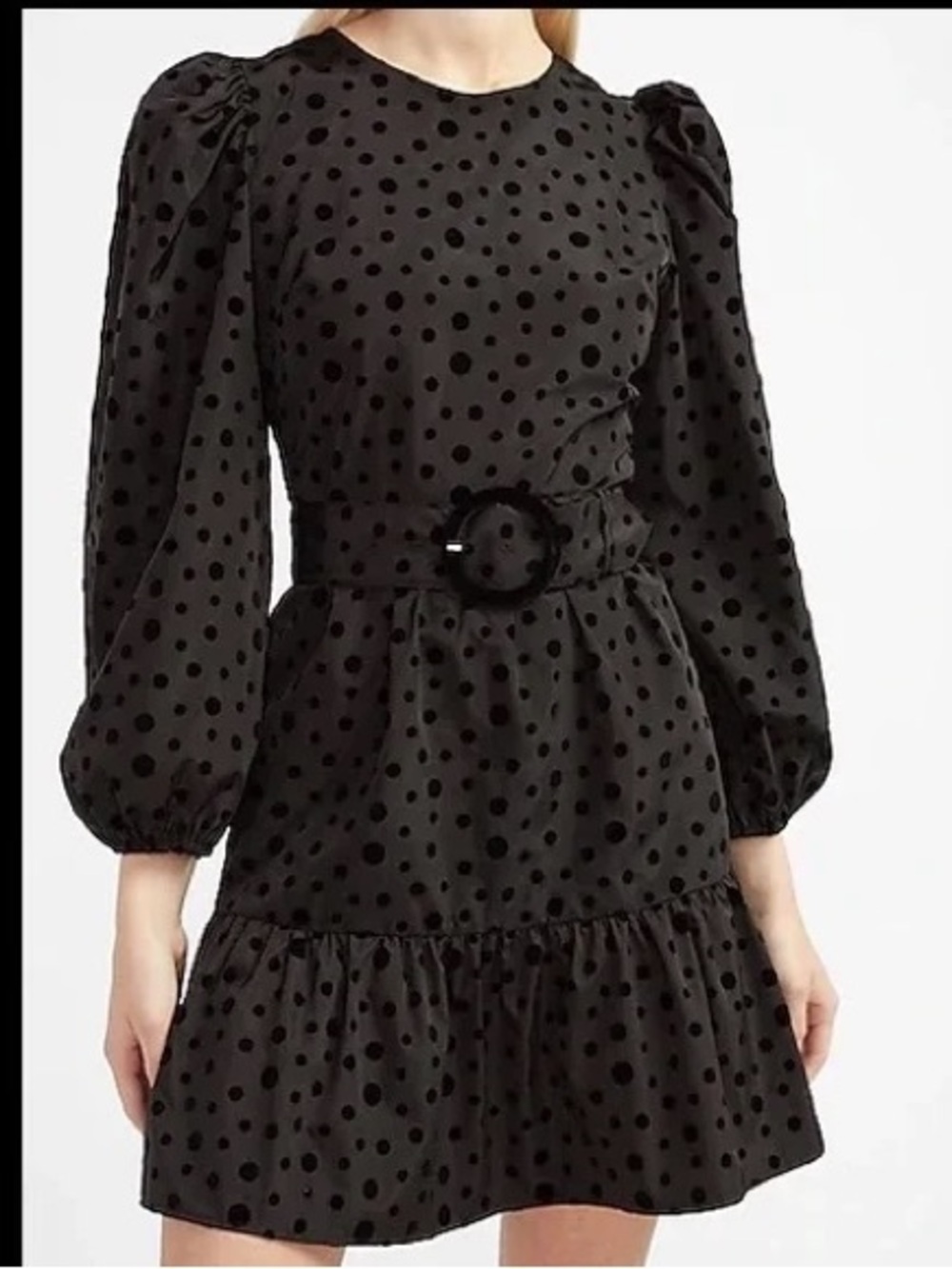 EXPRESS Taffeta Women’s Black Polka Dot Puff-Sleeve Dress